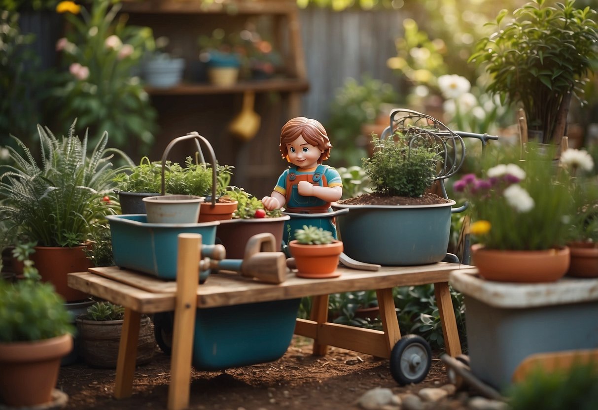 A child's play kitchen sits on an old wheelbarrow surrounded by garden tools and potted plants, with whimsical garden ideas in the background