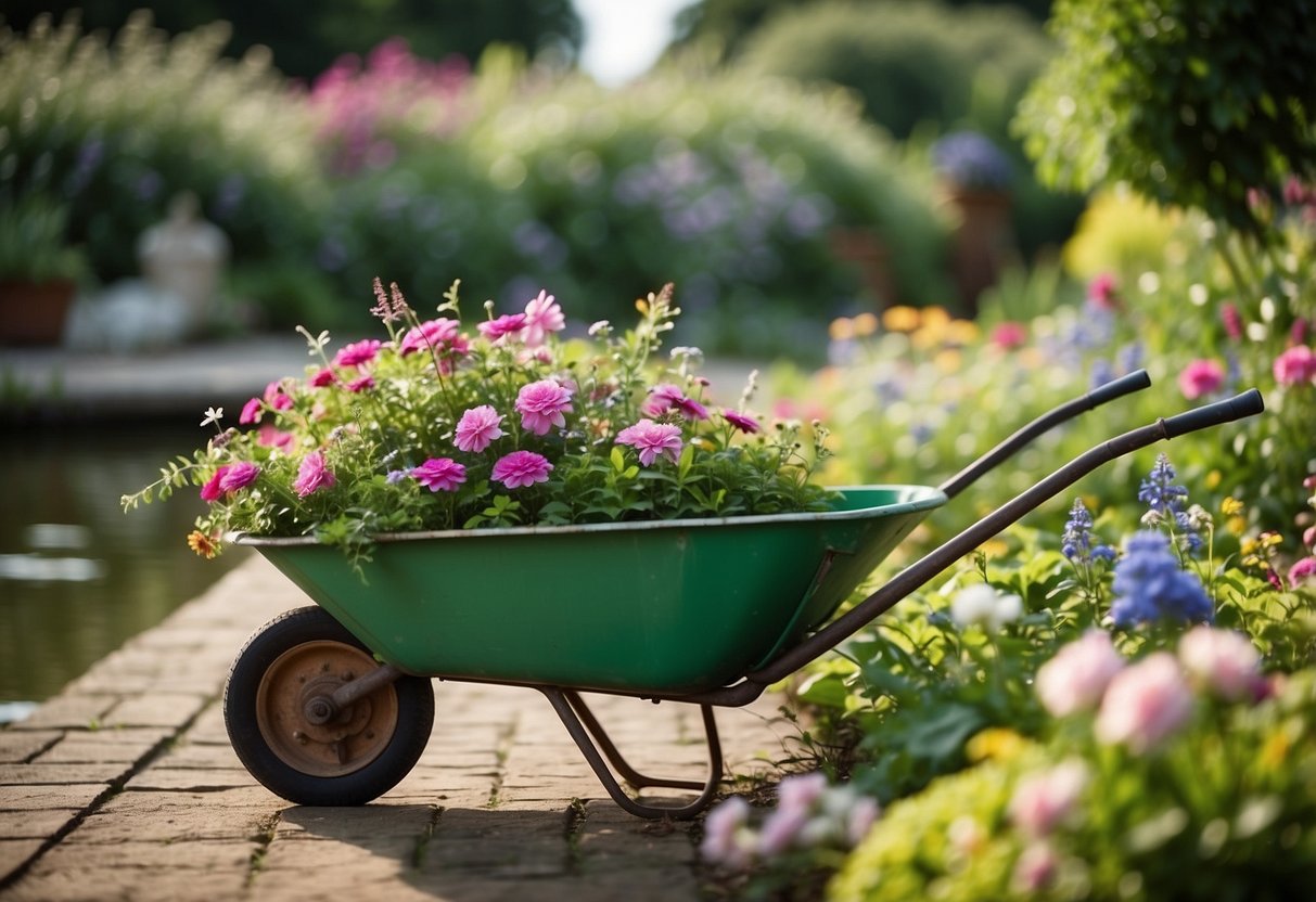 An old wheelbarrow sits by a mini pond, surrounded by lush greenery and vibrant flowers, creating a charming and rustic garden feature