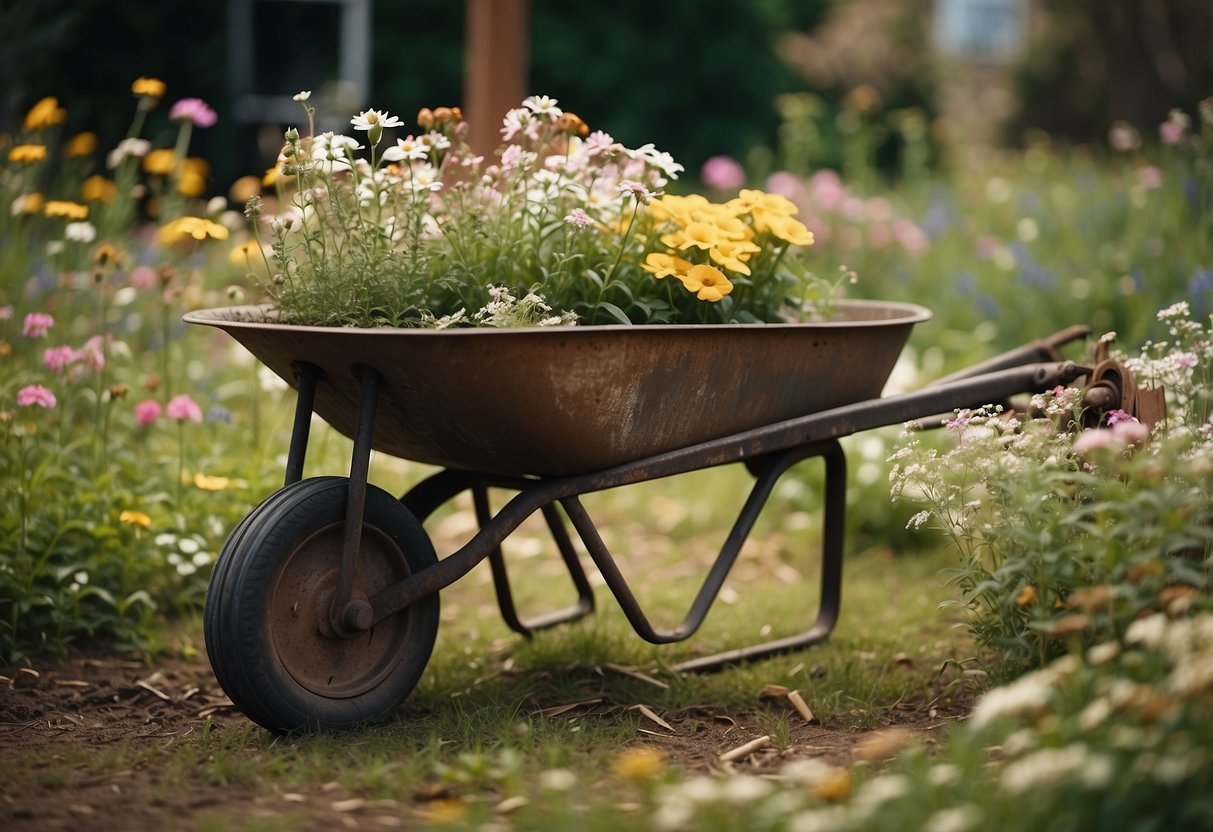 A weathered wheelbarrow sits among blooming flowers, its rusted metal and chipped paint showing its age. A gardener considers it, surrounded by tools and plants