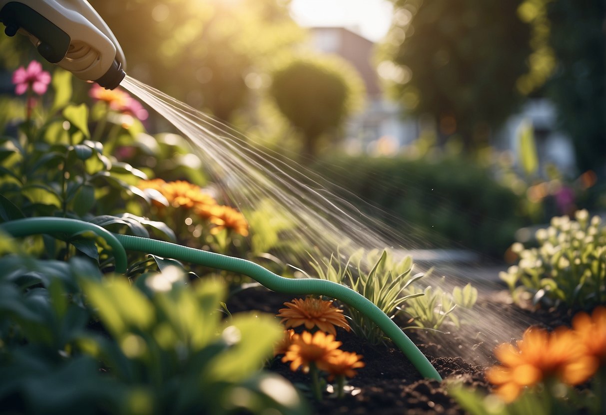 A garden with a soaker hose system, evenly watering plants and flowers. The hose snakes through the garden beds, releasing a gentle spray of water