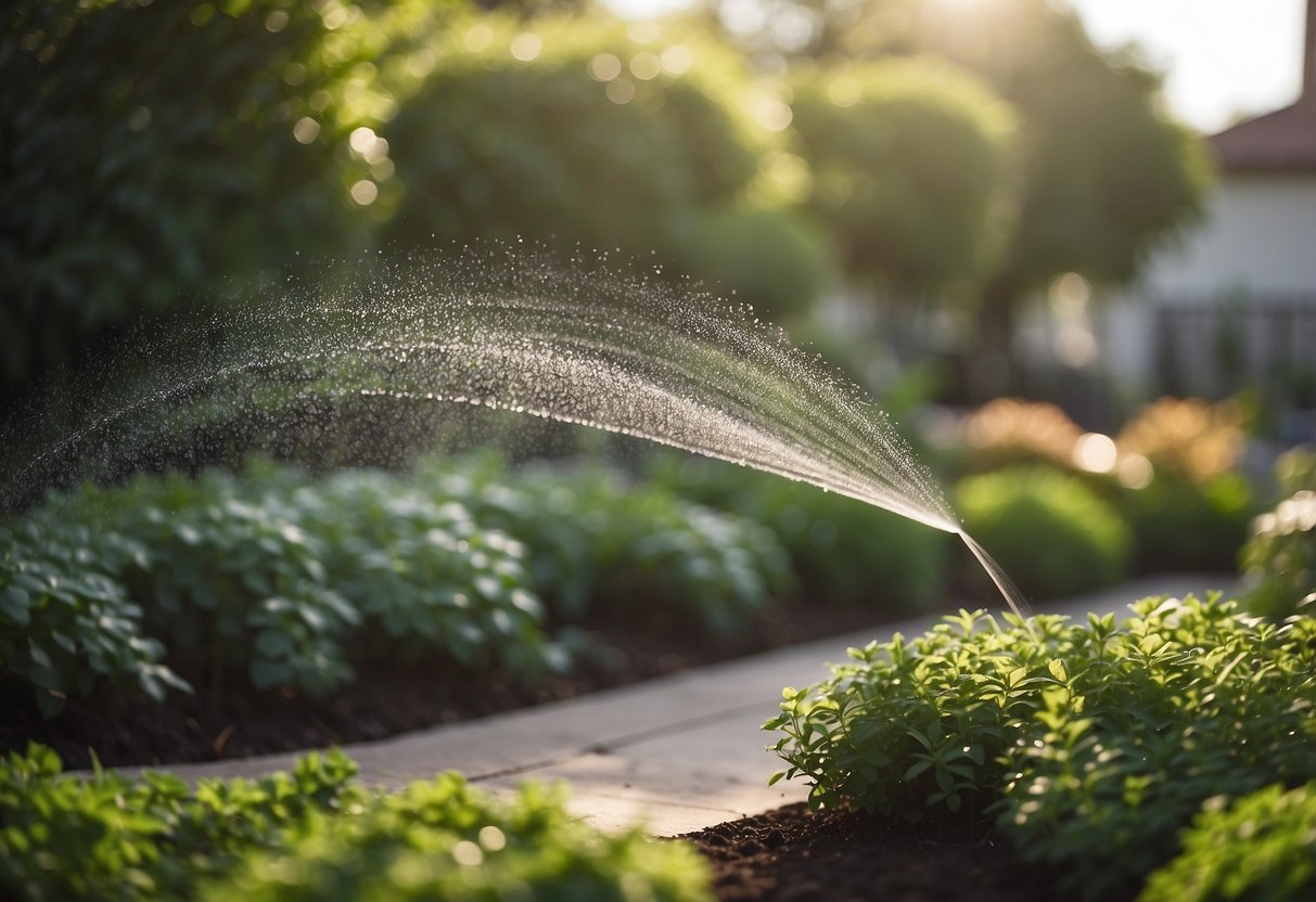 Lush garden with underground sprinkler system watering plants