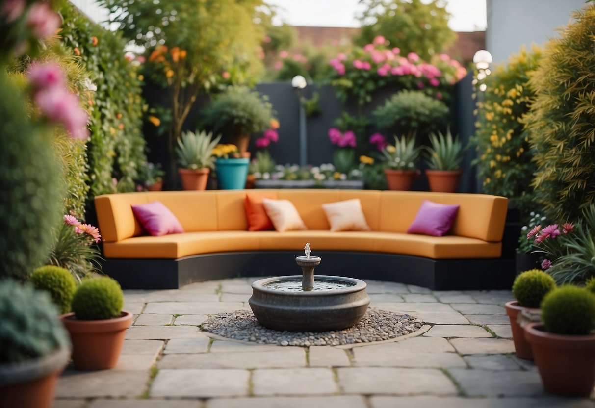 A small astroturf garden with a cozy seating area, surrounded by potted plants and colorful flowers. A small fountain adds a tranquil touch to the space