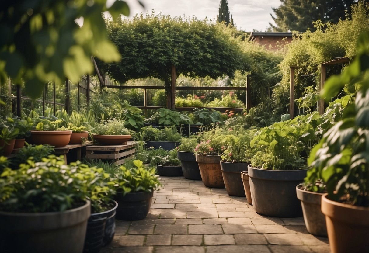 A lush garden filled with colorful and diverse heritage vegetable varieties, surrounded by eco-friendly features like compost bins and rainwater collection systems