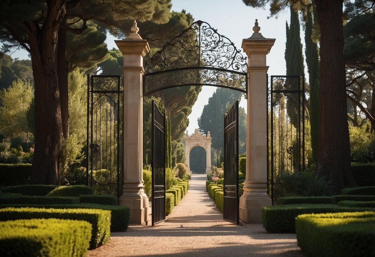 The entrance gates stand tall, framed by lush cypress trees, creating a serene and inviting garden atmosphere