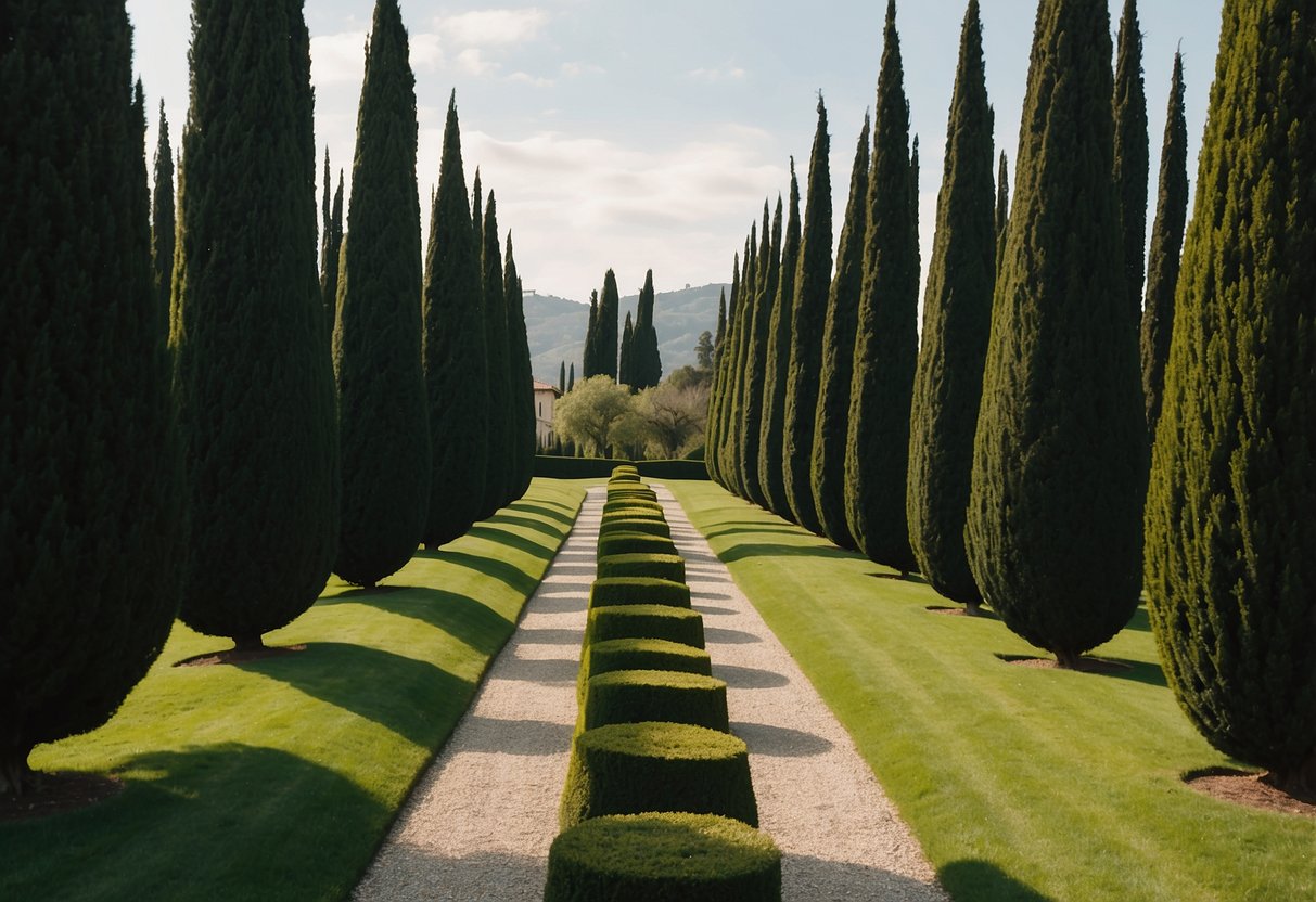 Italian Cypress trees line the driveways, creating a symmetrical and elegant garden design