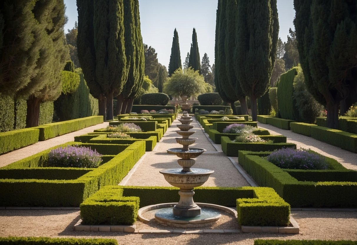 A formal garden with neatly trimmed cypress trees lining the pathways, leading to a central fountain surrounded by symmetrical flower beds