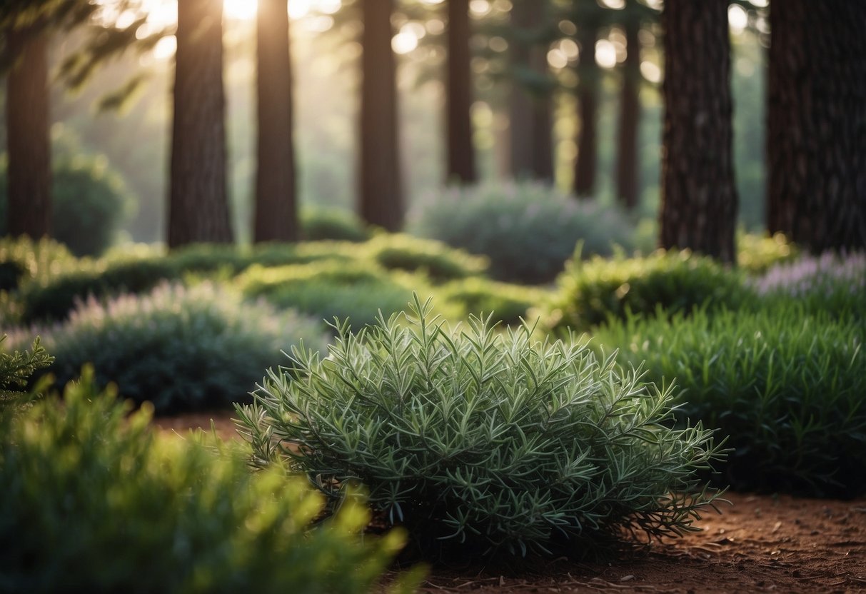 A garden filled with fragrant rosemary plants and towering cypress trees. The air is filled with the sweet scent of herbs and the peaceful presence of the majestic trees