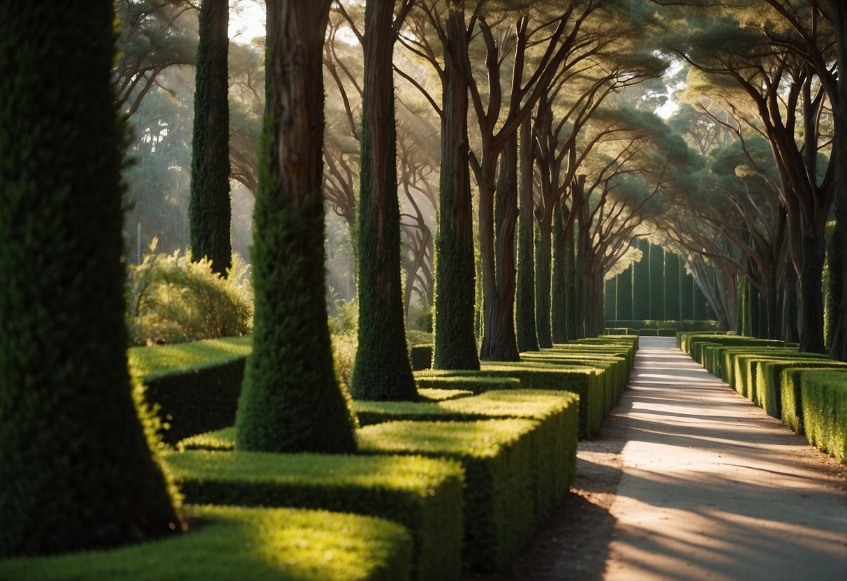 A row of tall cypress trees encloses a serene garden, creating a natural privacy screen. The sunlight filters through the branches, casting dappled shadows on the lush greenery below