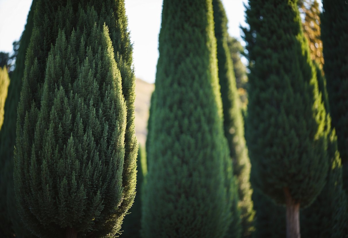 Cypress trees stand tall and majestic, creating a sense of tranquility and elegance in the garden. Their slender, evergreen branches provide year-round beauty and privacy, while their aromatic scent fills the air, creating a peaceful and inviting atmosphere