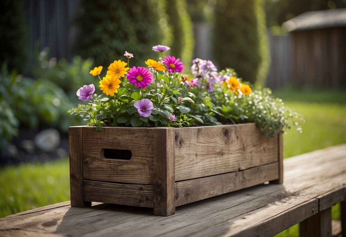 A rustic wooden planter box sits in a lush garden, filled with vibrant flowers and greenery. The box is weathered and aged, adding character to the scene