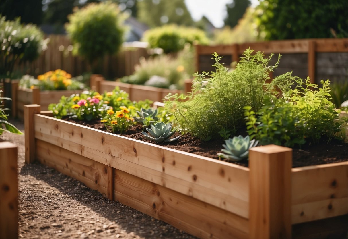 A cedar raised garden bed sits in a backyard, filled with vibrant green plants and flowers. Planter boxes line the edges, adding a touch of organization to the lush garden space