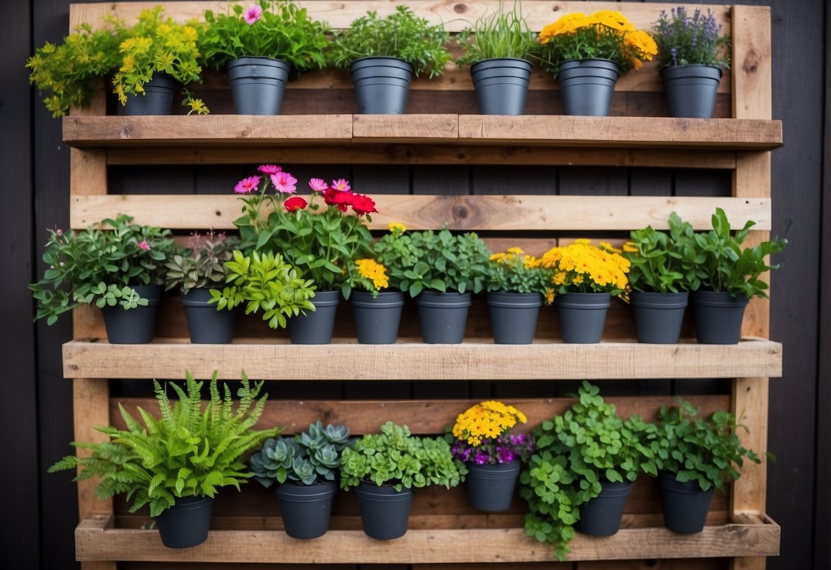 A wooden pallet hangs on a wall, filled with vibrant plants and flowers. Planter boxes are attached to the pallet, creating a beautiful vertical garden