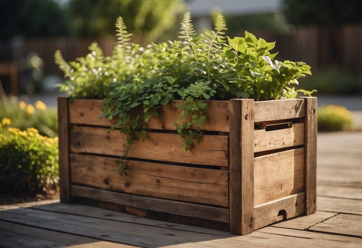 A vintage wooden crate overflows with vibrant greenery, serving as a unique planter box in a charming garden setting