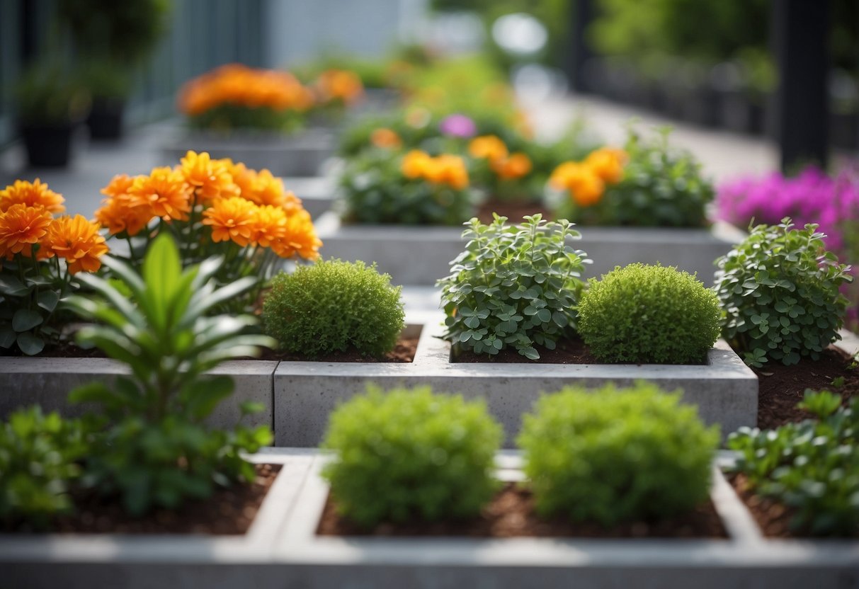 A modern concrete planter garden with various planter boxes arranged in a geometric pattern, surrounded by lush greenery and vibrant flowers