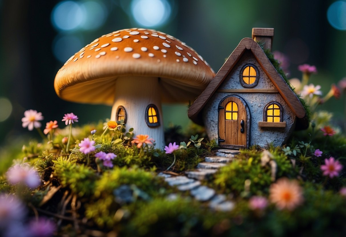 An enchanted mushroom fairy house nestled among vibrant flowers and twinkling lights in a lush, mossy garden