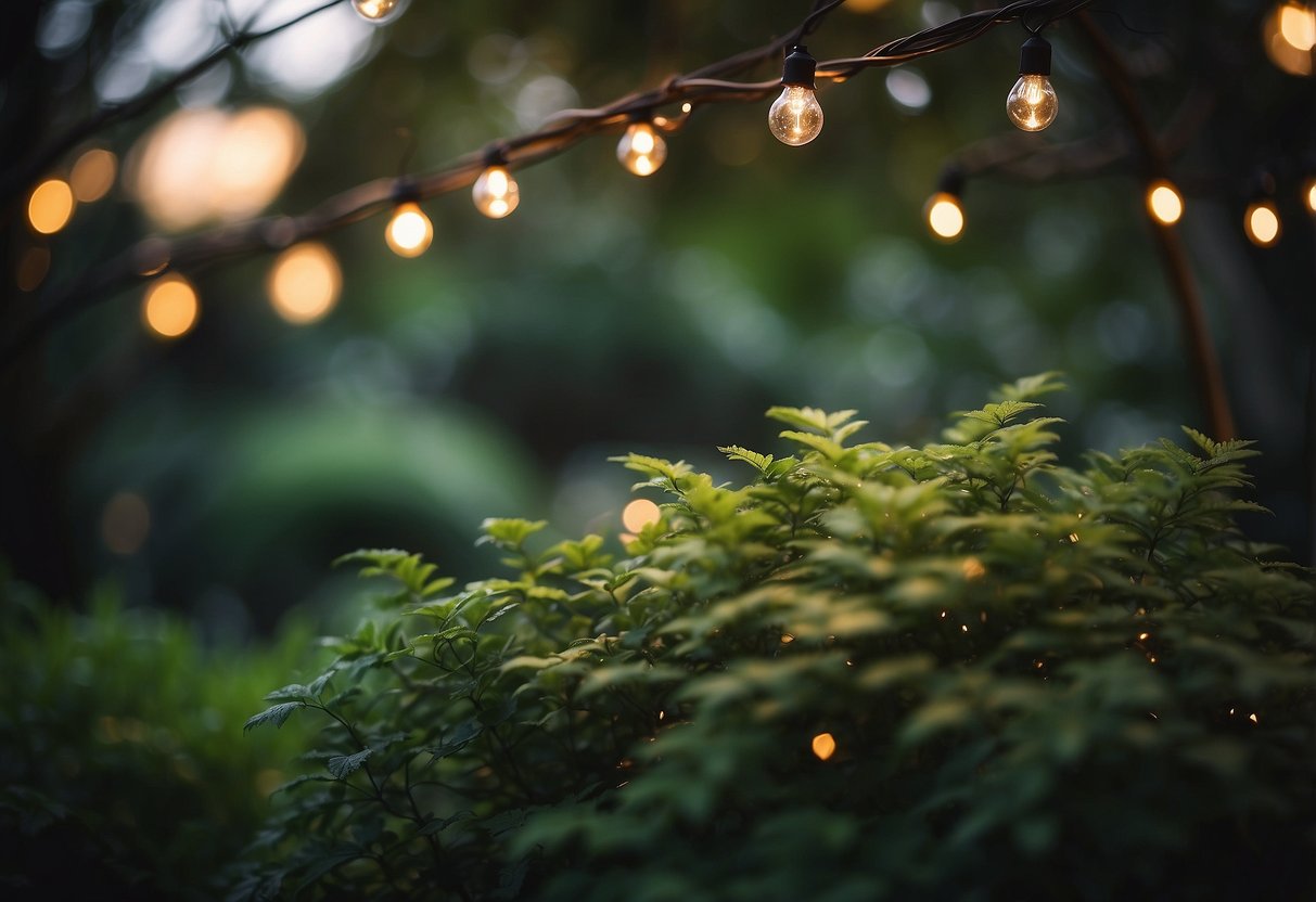 Fairy lights twinkle among lush greenery in a magical garden setting