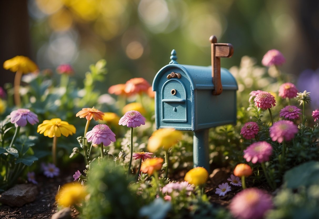 A tiny fairy mailbox nestled among colorful flowers and miniature trees in a whimsical garden setting