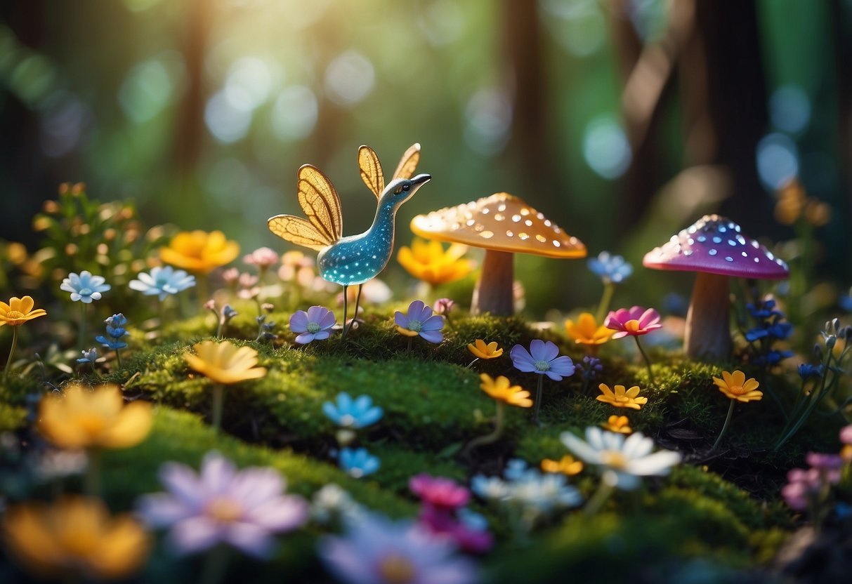 A magical forest glade with handcrafted fairy figurines nestled among colorful flowers and sparkling streams