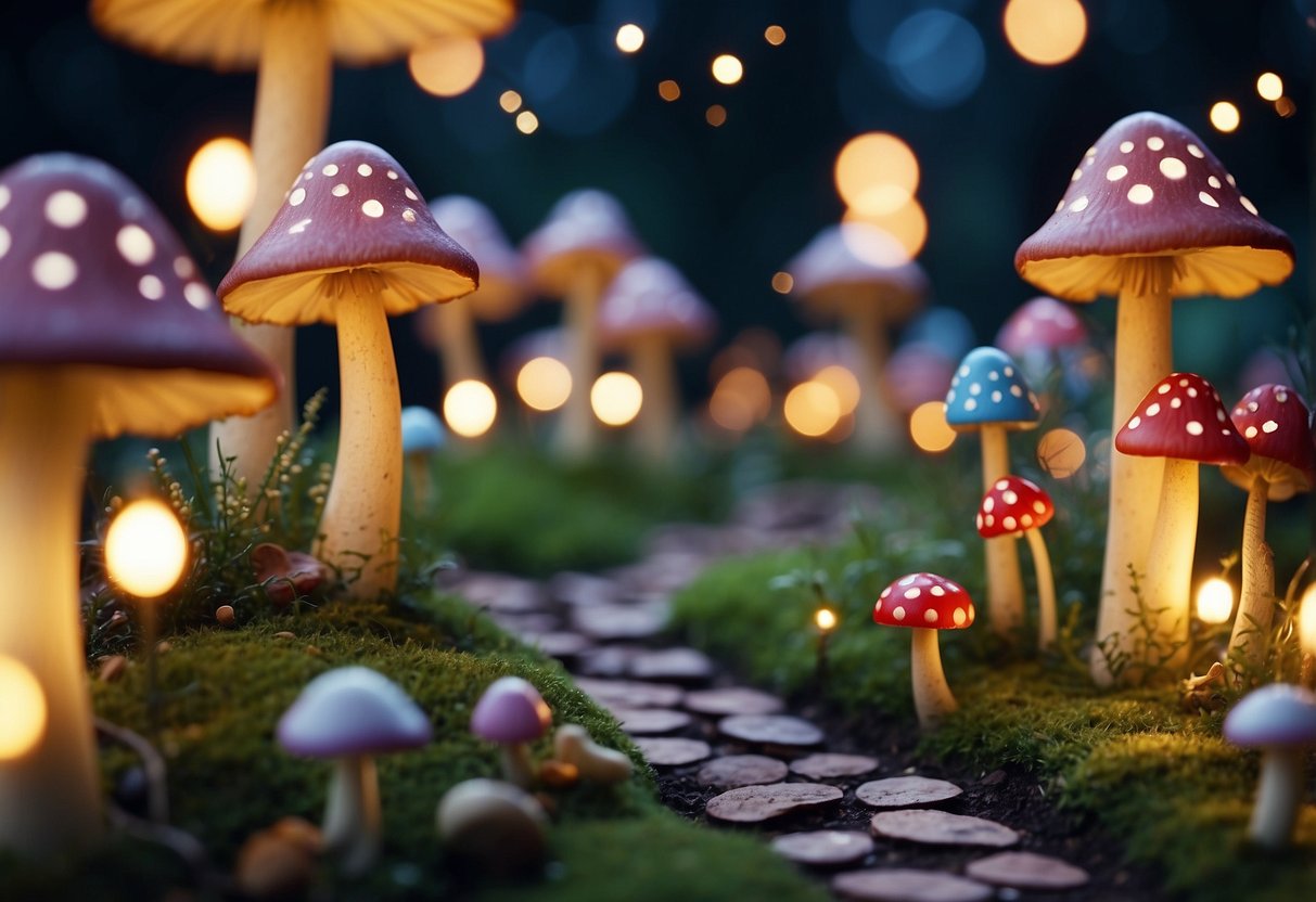 A winding path of colorful flower petals leads through a whimsical fairy garden, surrounded by tiny toadstools and delicate, twinkling fairy lights