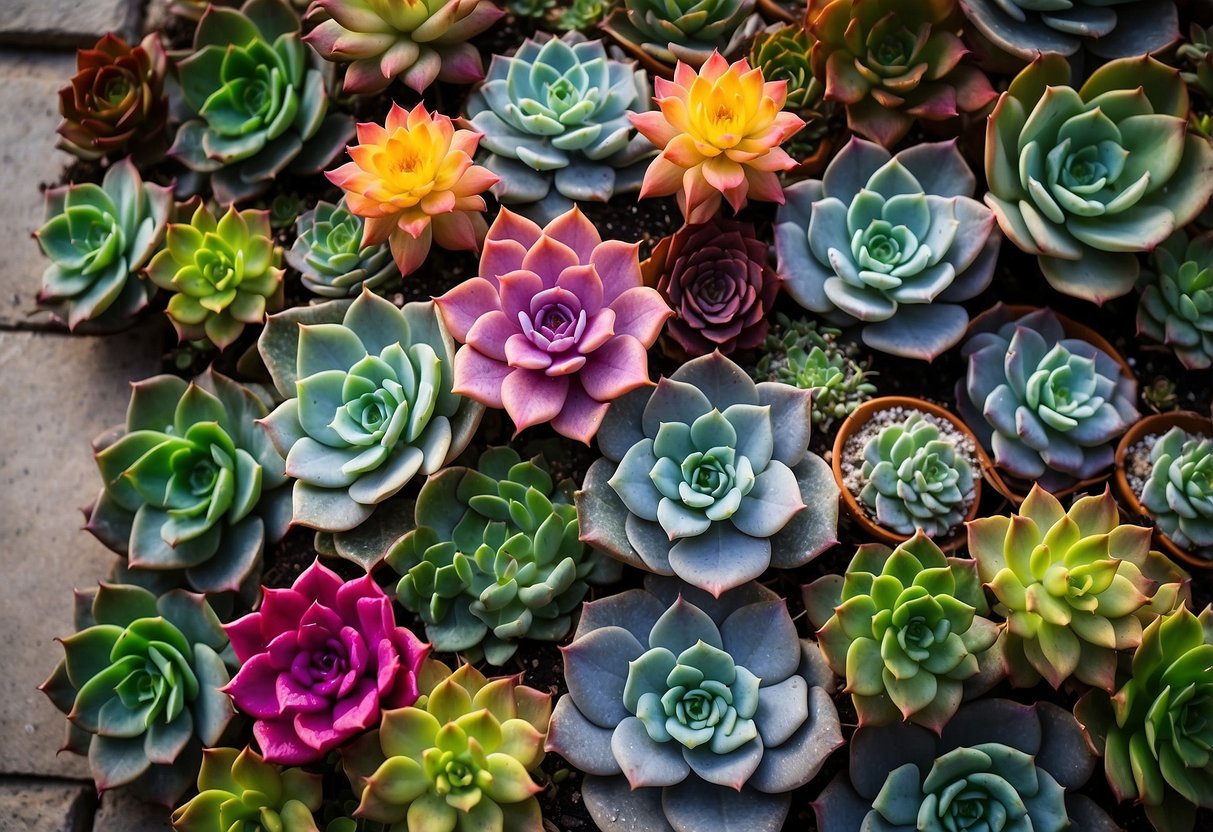 Vibrant succulents cover a cement block wall, creating a colorful and textured garden display