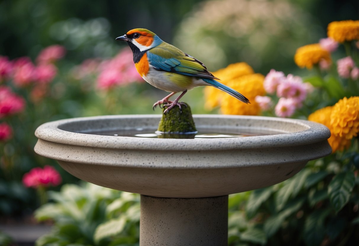 A bird bath stands on a cement block in a garden, surrounded by colorful flowers and greenery