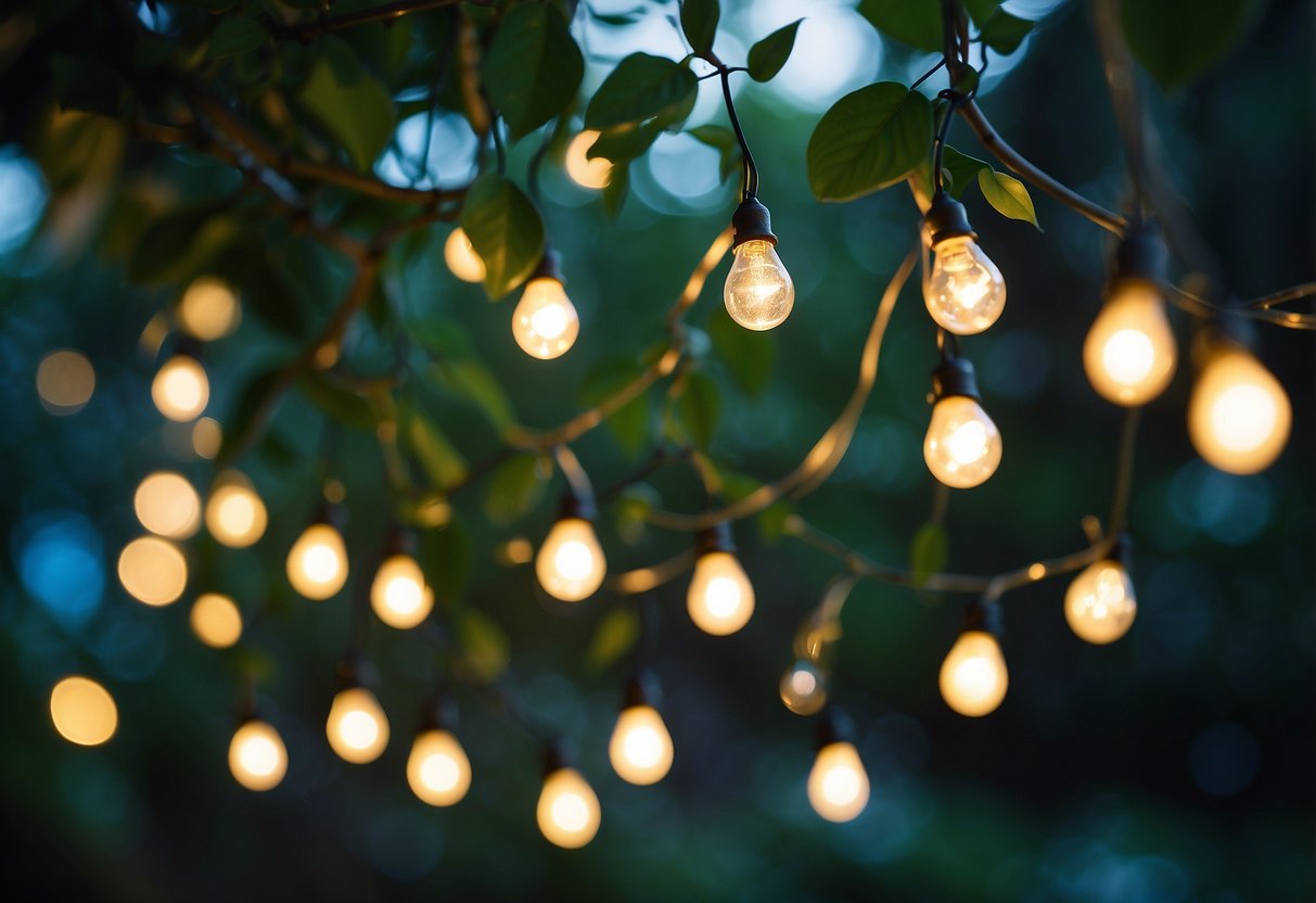 Glowing fairy lights drape over lush greenery in a whimsical garden, casting a magical and enchanting glow over the landscape