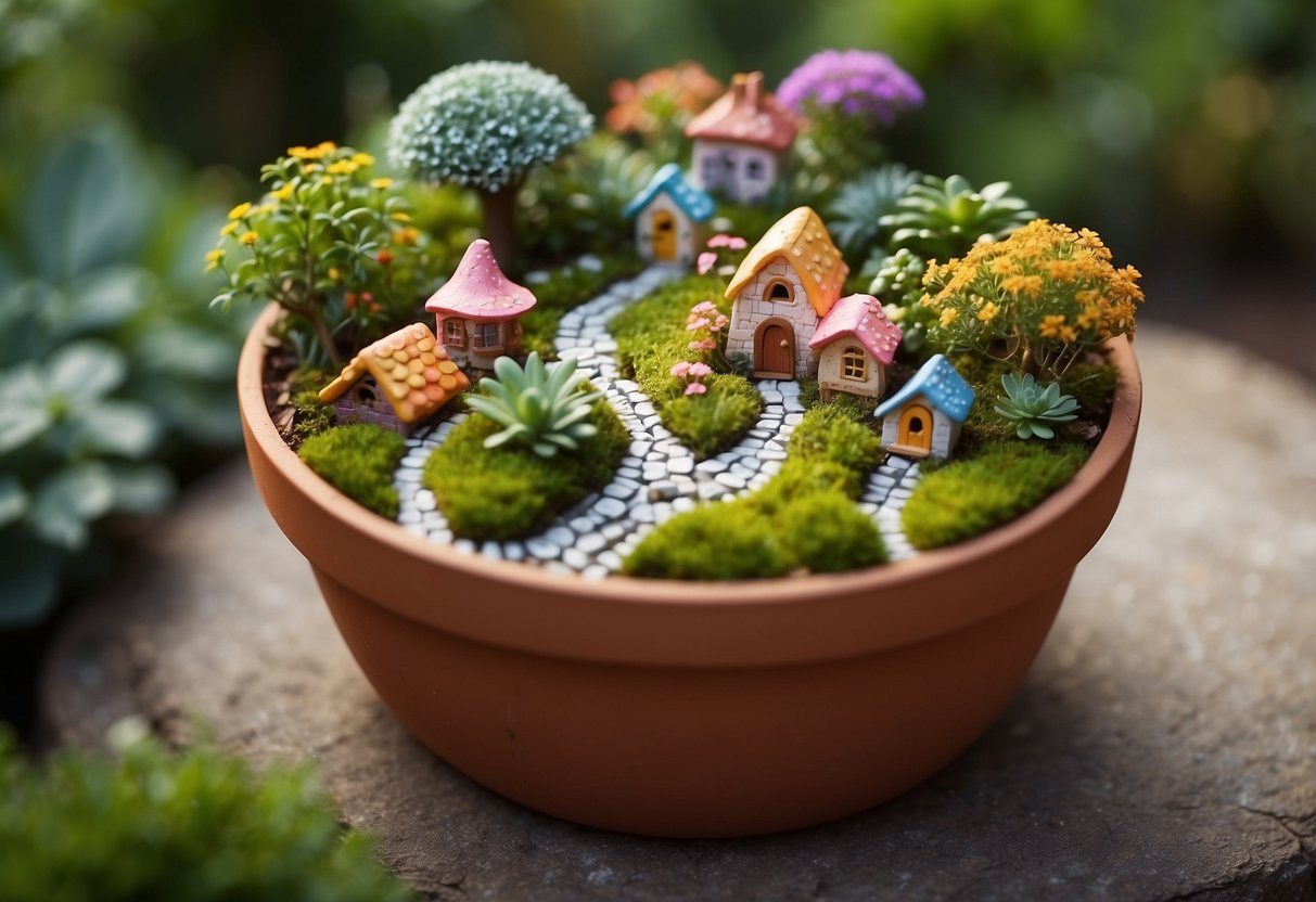 A lush, miniature garden nestled in a terracotta pot, adorned with tiny fairy houses, winding pathways, and colorful flowers