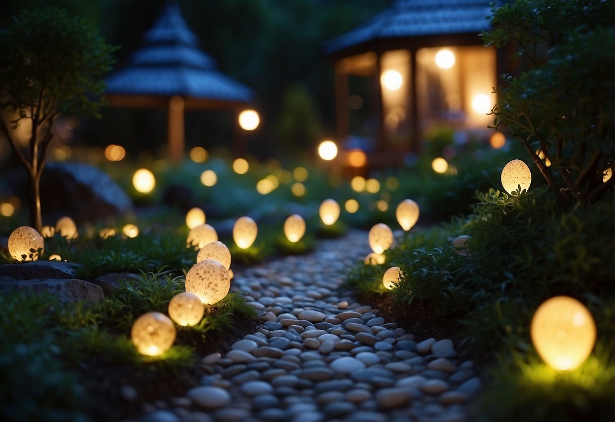 A pathway lined with glow-in-the-dark pebbles winds through a large outdoor fairy garden, casting an enchanting and magical glow at night