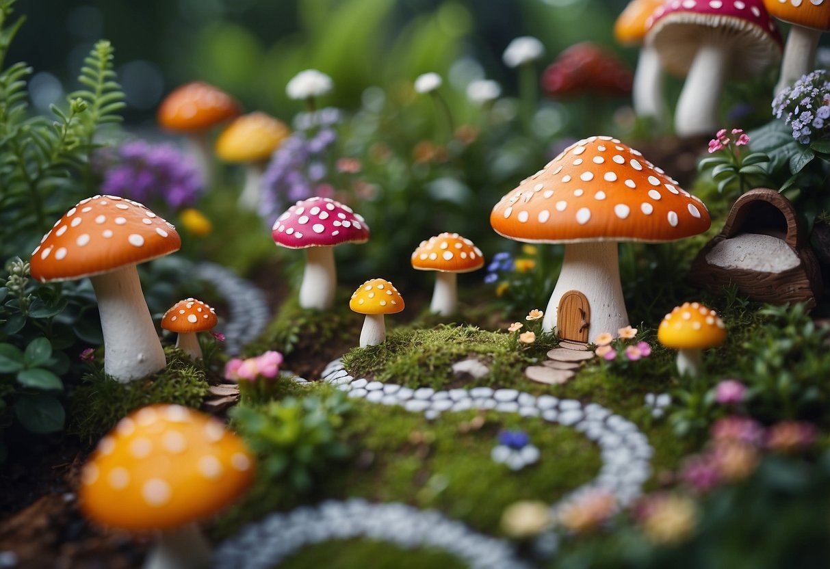 Colorful mushroom houses dot a lush outdoor fairy garden, nestled among vibrant flowers and winding pathways