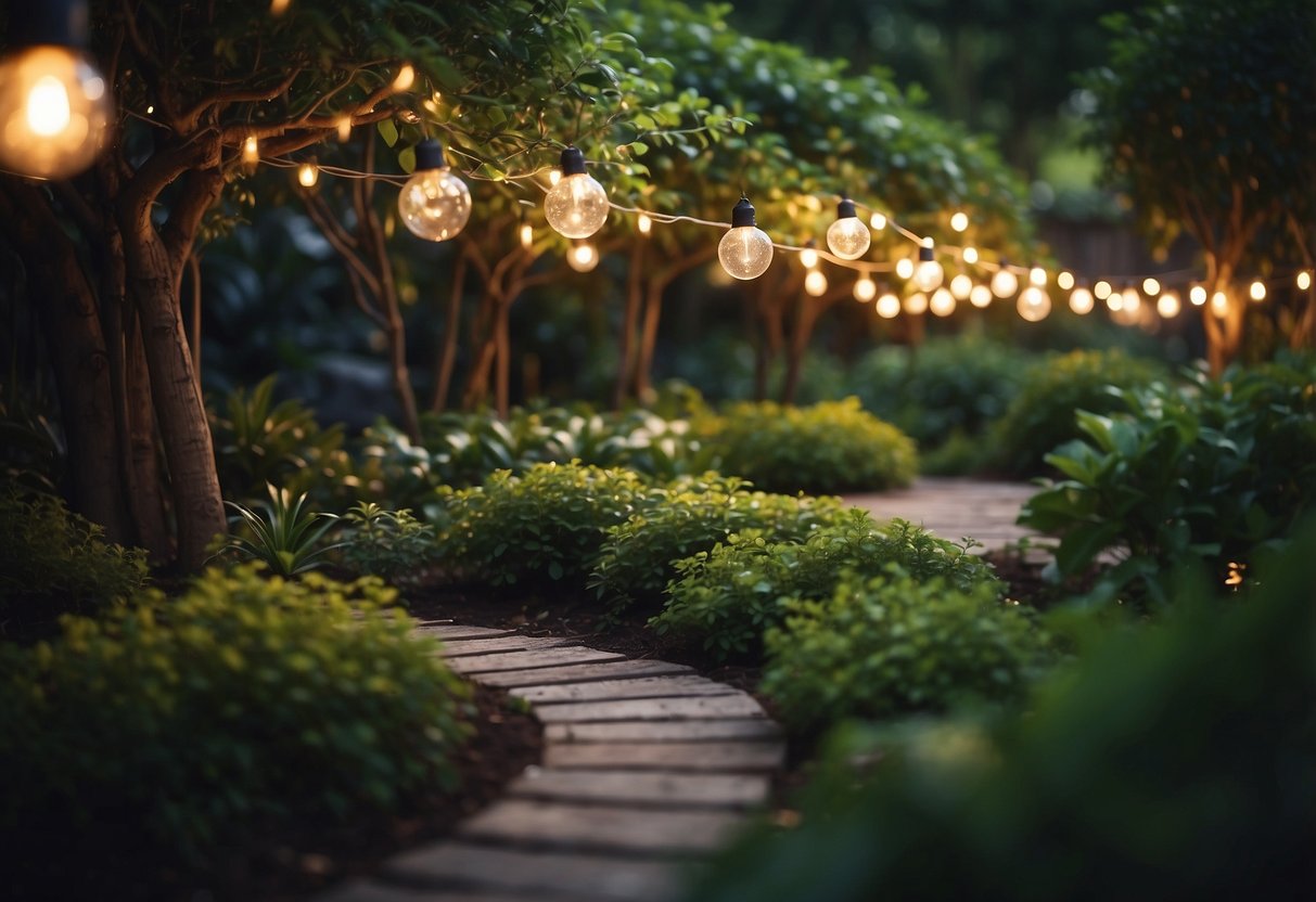 A lush outdoor garden adorned with solar-powered fairy lights, creating a magical and enchanting atmosphere