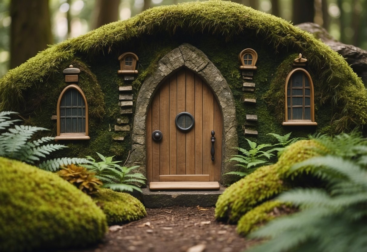 A cluster of intricate woodland fairy doors nestled among moss-covered rocks and towering ferns in a lush outdoor garden setting