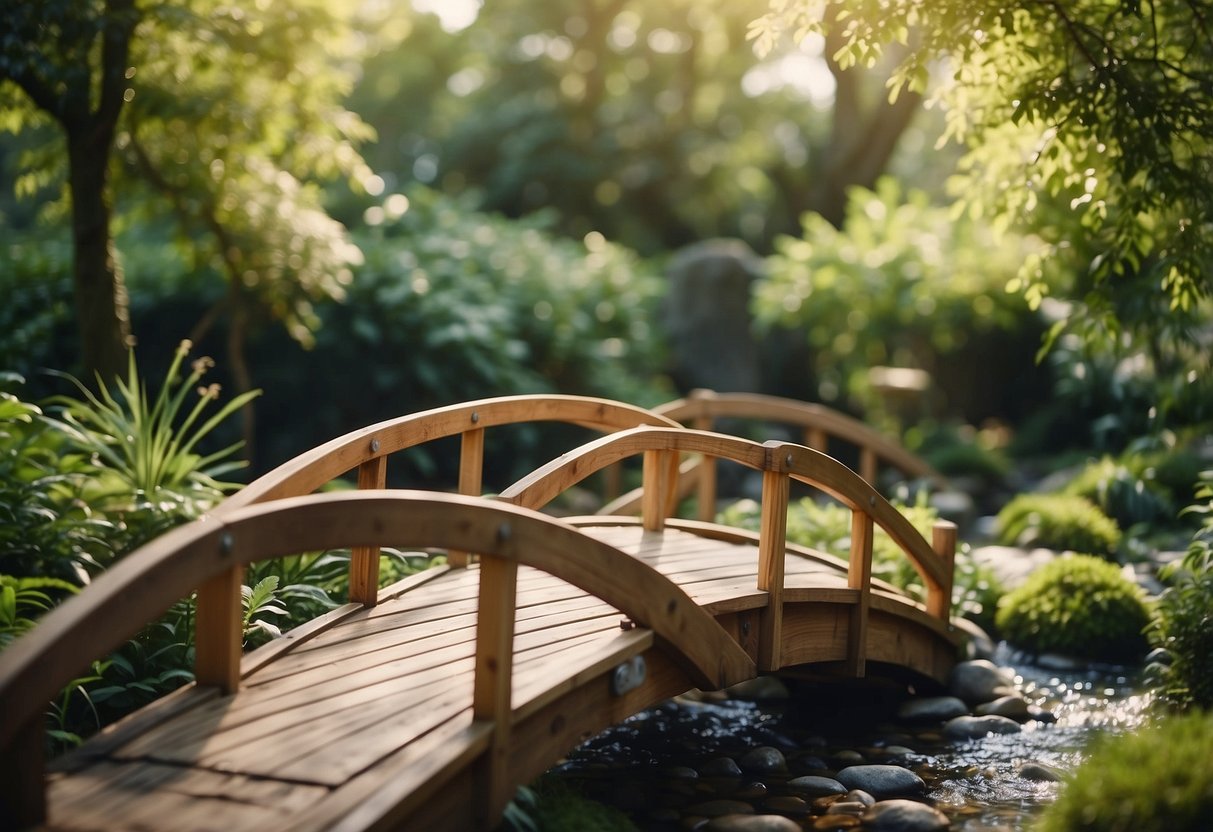 A small wooden bridge spans a gentle stream in a lush fairy garden