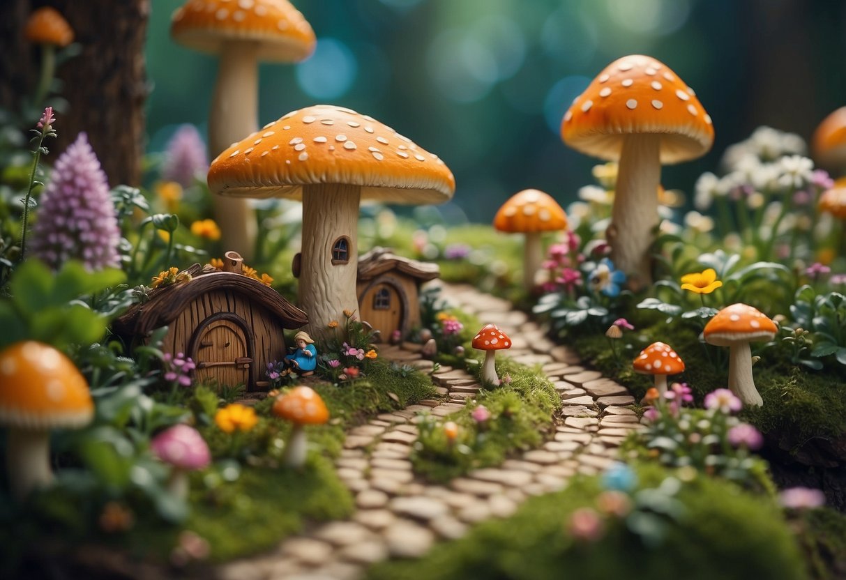 Colorful fairies tend to tiny flower beds, surrounded by oversized flowers and mushrooms. A winding path leads to a magical fairy village