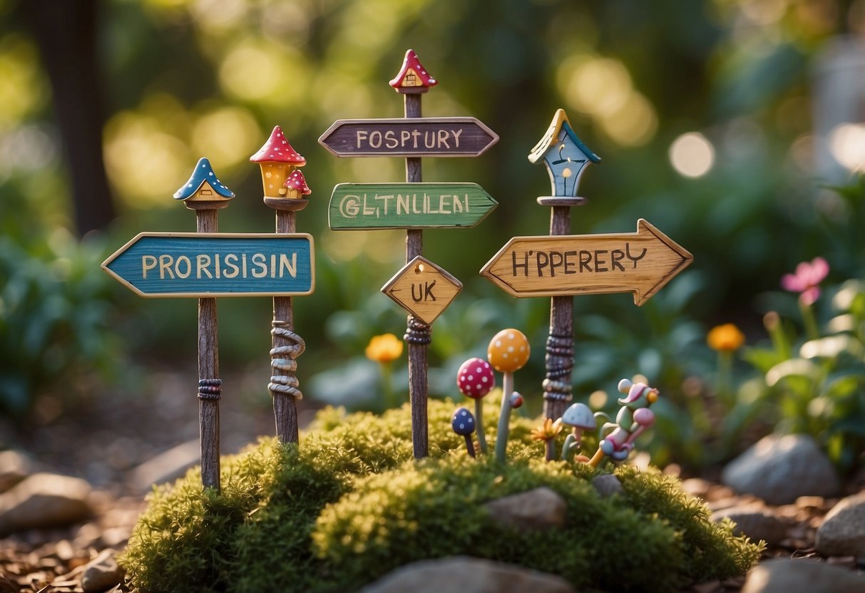 Colorful handcrafted fairy signposts dot a whimsical outdoor garden, guiding visitors through a magical world of miniature wonders