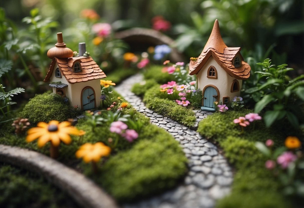 A lush, sprawling outdoor fairy garden with colorful flowers, winding paths, and whimsical fairy houses nestled among the greenery