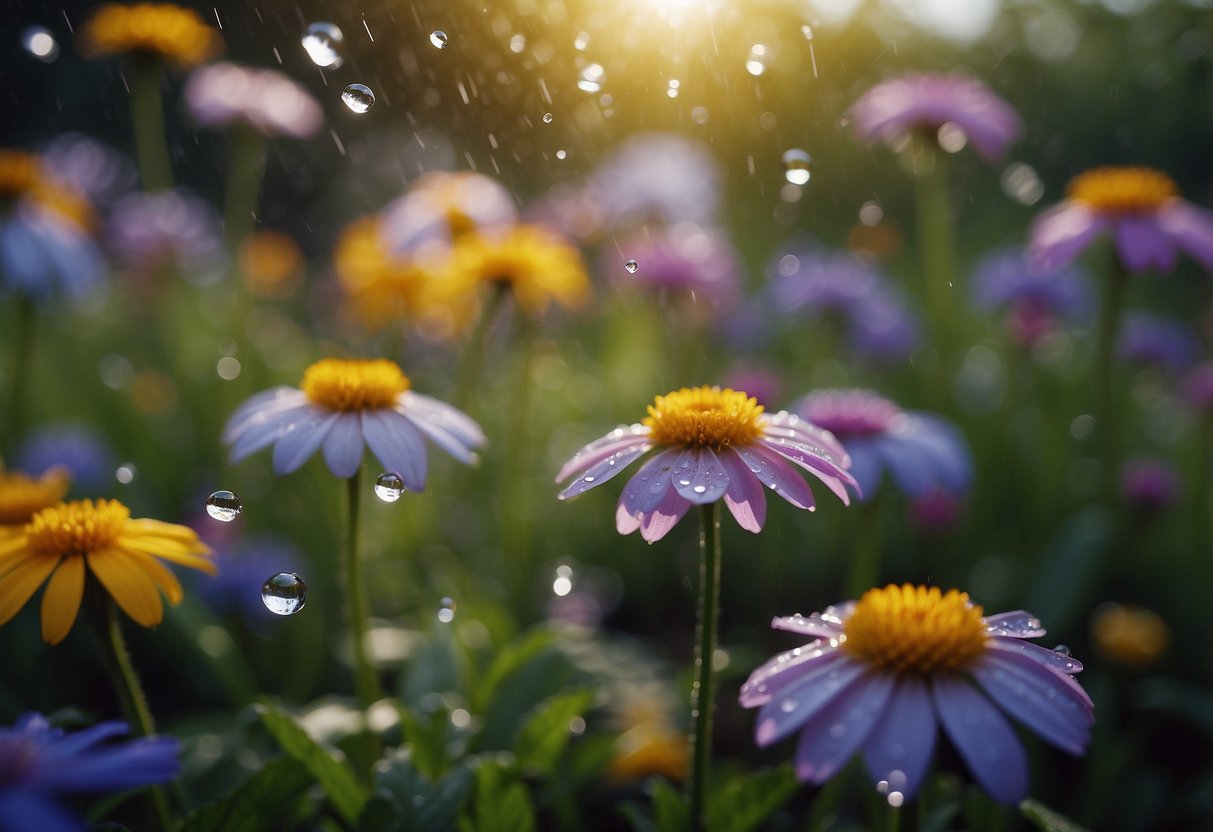 Colorful flowers bloom in a rain garden, thriving in the wet environment. Water droplets glisten on the petals, creating a vibrant and lush scene