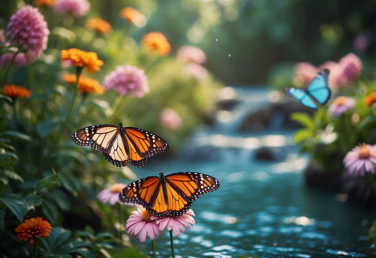 Colorful butterflies fluttering over a lush garden of vibrant flowers and flowing water, creating a serene and beautiful scene