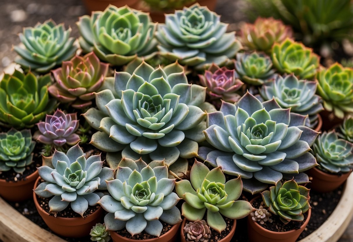 A variety of succulents arranged in a California garden, with different shapes, sizes, and colors creating a visually appealing display