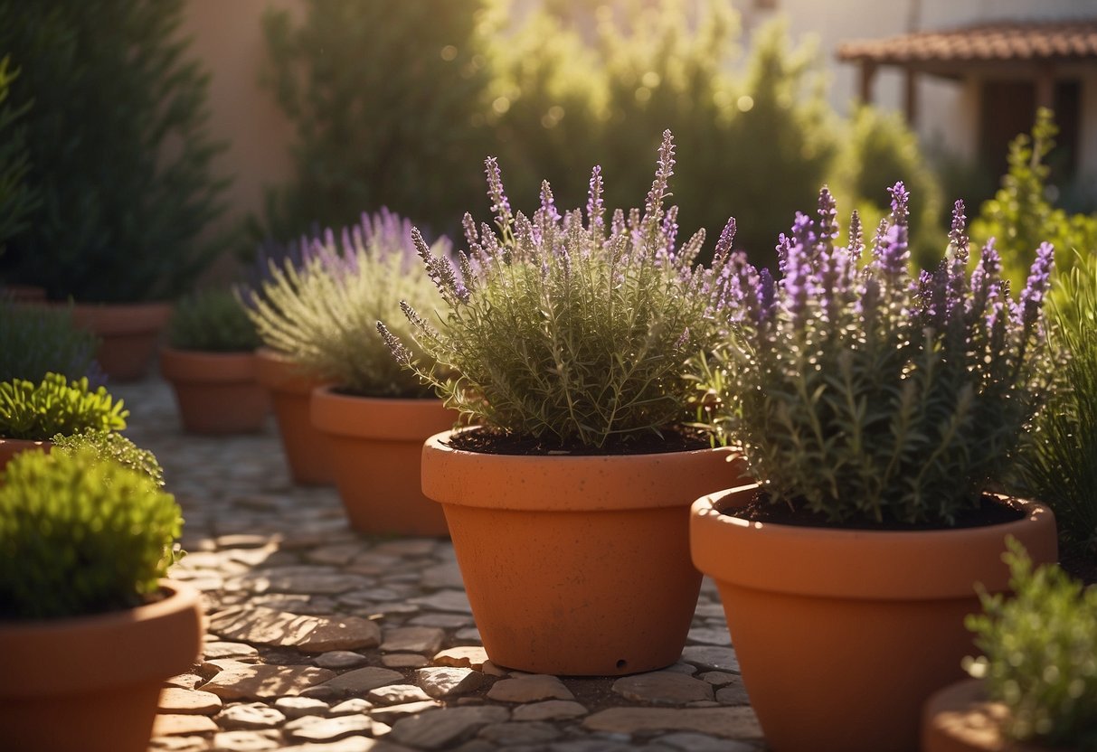 A lush Mediterranean herb garden with rosemary, thyme, and lavender nestled among terracotta pots and stone pathways. The sun casts a warm glow over the vibrant greenery