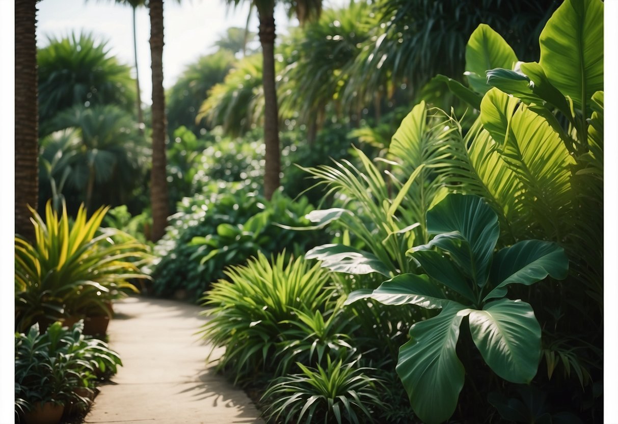 Lush green tropical plants fill a corner of the California garden, creating a vibrant and natural atmosphere