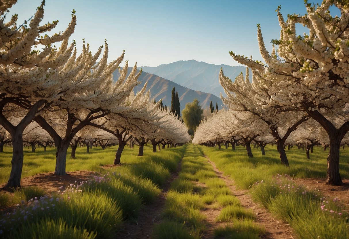 A lush orchard with various fruit trees, blooming with colorful flowers and ripe fruits, set against the backdrop of the California landscape