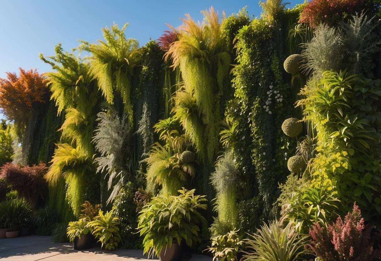 A tall vertical garden wall with lush green plants cascading down, set against a backdrop of California sunshine and blue skies