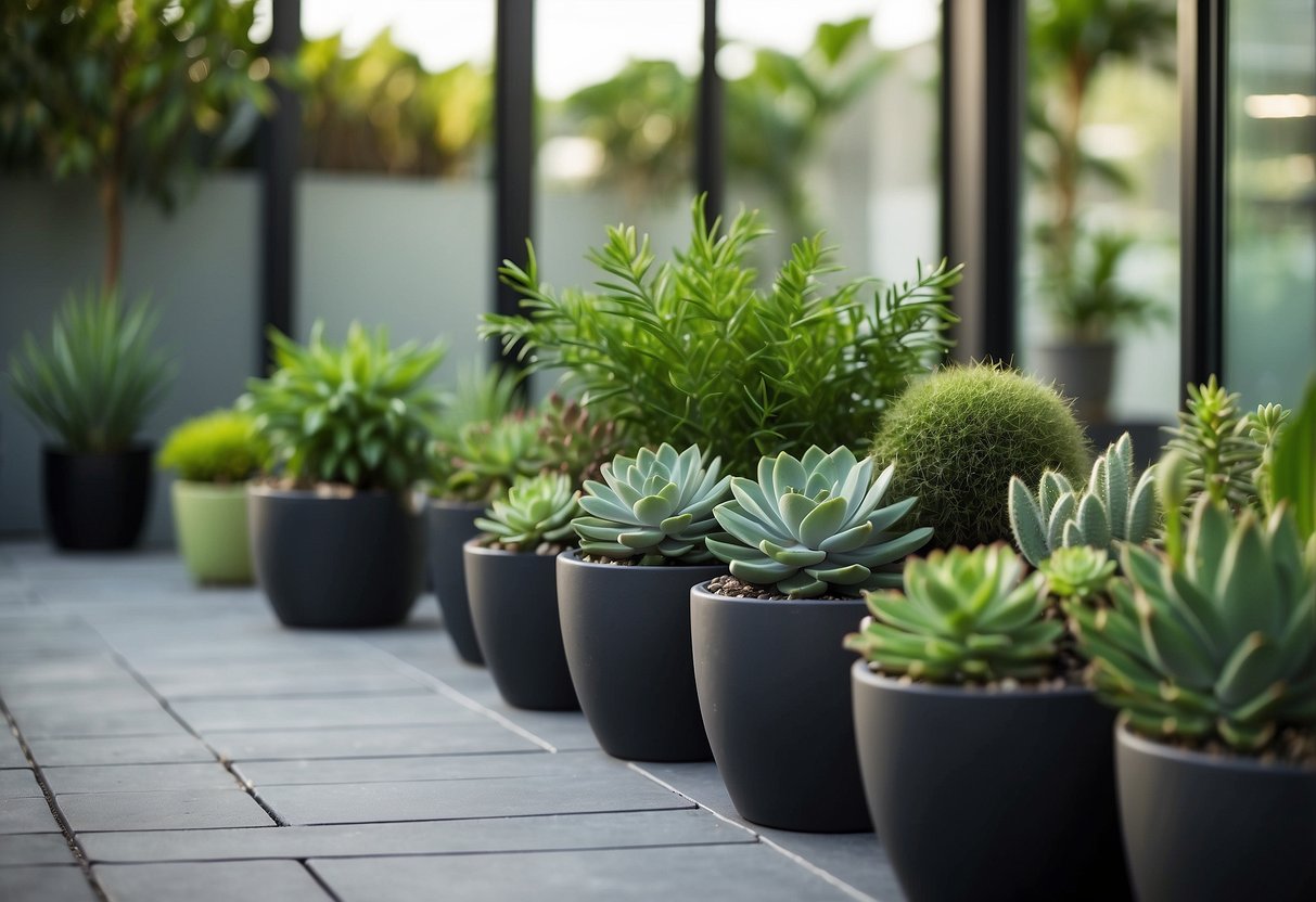 Lush greenery arranged in small pots on a sleek, modern patio. A variety of plants, from tall grasses to low-lying succulents, create a harmonious and inviting space