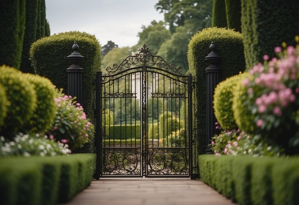 The ornate iron gates stand tall, framing a lush front garden with manicured hedges and vibrant flowers, exuding an air of luxury and elegance