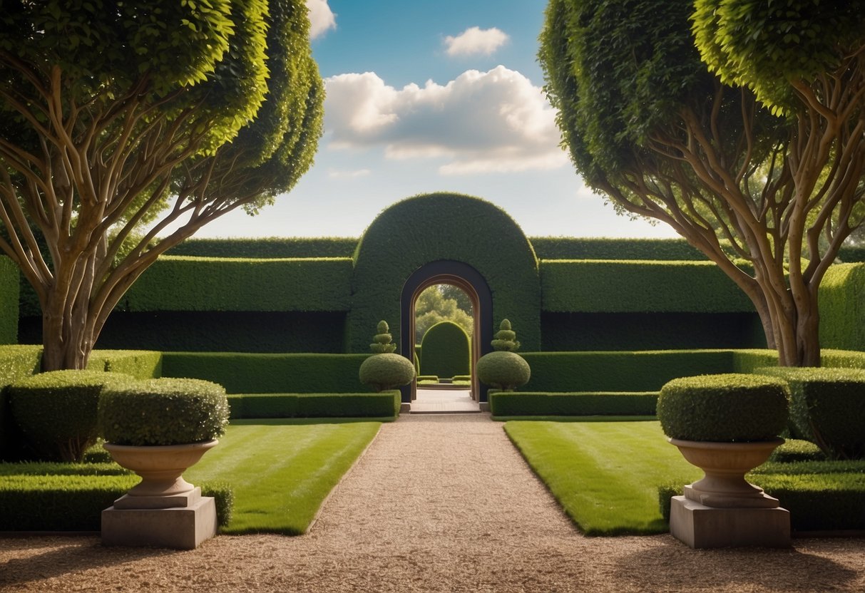 Lush, symmetrical boxwood hedges frame a pristine front garden, exuding an air of opulence and refinement