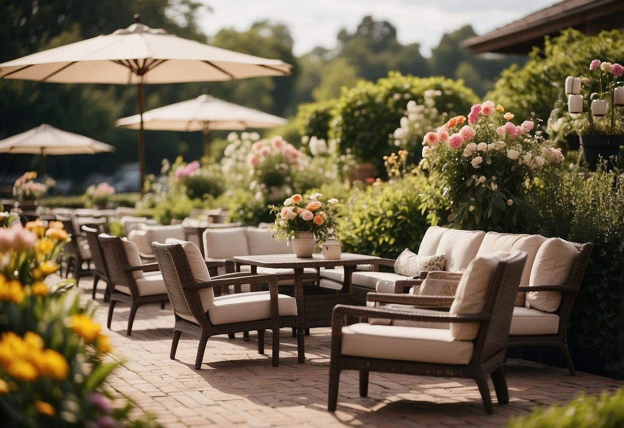 A lavish outdoor seating area with plush, cushioned chairs and elegant tables surrounded by lush greenery and vibrant flowers