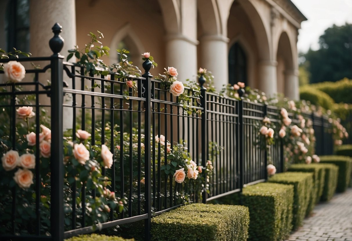 A grand wrought iron trellis adorned with climbing roses in a lavish front garden setting