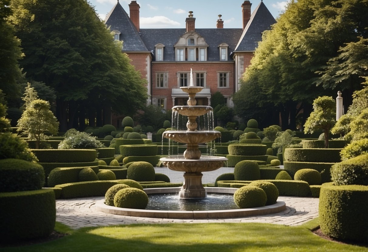 A grand front garden with elegant hardscaping elements, including a stone pathway, ornate fountain, and manicured topiaries