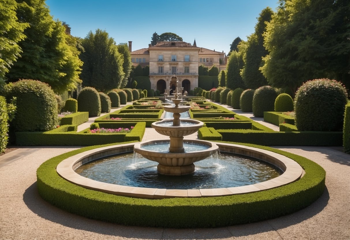 A grand front garden with manicured hedges, colorful flower beds, and a fountain centerpiece. The garden is lined with elegant stone pathways and surrounded by lush greenery