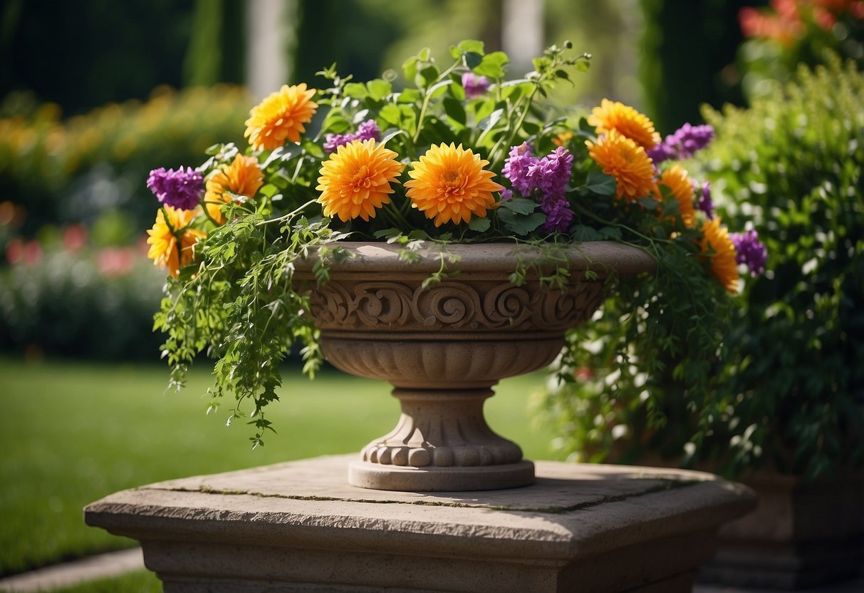 Lush greenery spills over the edges of the garden urn, with colorful flowers and trailing vines creating a vibrant and inviting display